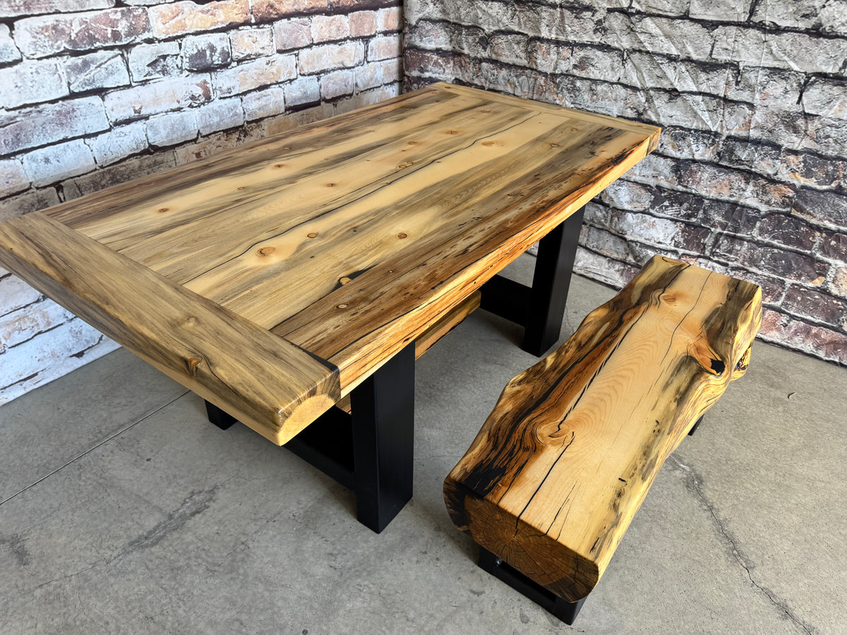 Blue Stained Pine Dining Table 69” Long & Live Edge Bench 46” Long