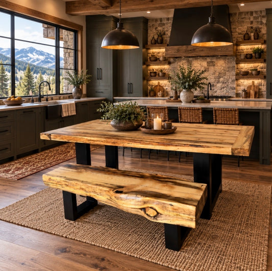 Blue Stained Pine Dining Table 69” Long & Live Edge Bench 46” Long